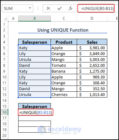 Using Unique function to sum a dynamic array list values