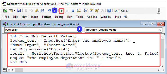 VBA code to customize default value to create custom input box