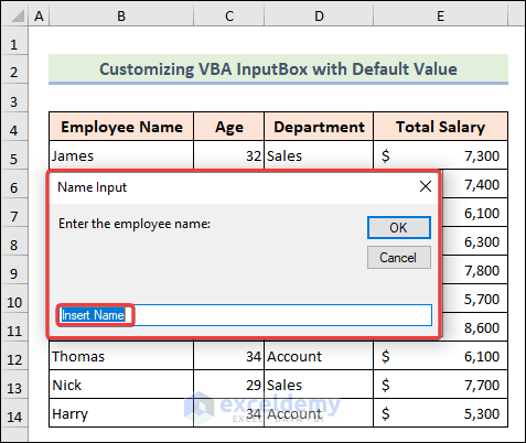 Overview of customizing VBA Input Box with default value