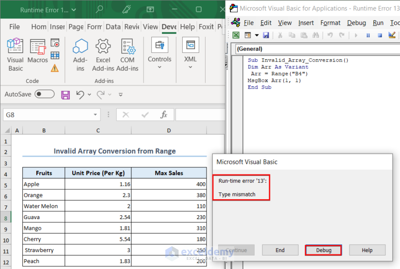 runtime 13 type mismatch error Due to Incorrect Convertion From Range to Array in VBA