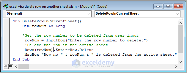 Code Image of How to Delete a Row with Excel VBA