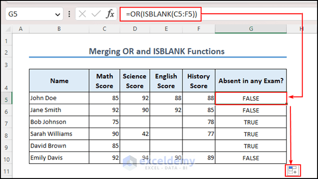 Final Output of Merging OR and ISBLANK Functions