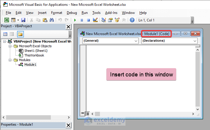 Module window for inserting VBA code in Excel