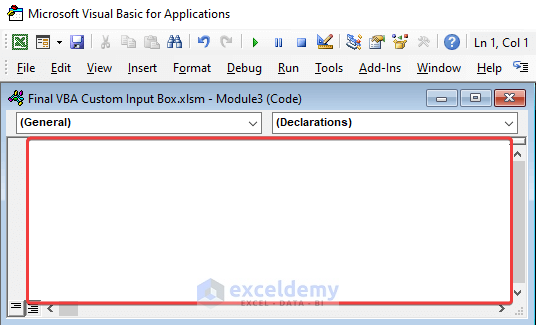 Module window for inserting and editing VBA code