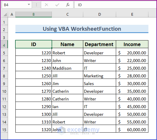 Sample Data Set for Performing VLOOKUP with Multiple Criteria in Excel VBA