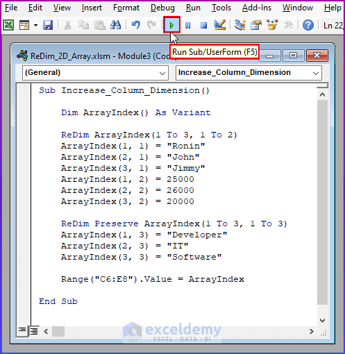 redim 2d array with VBA Code by Increasing Column Dimension