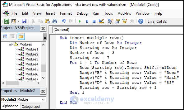 adding VBA code to add multiple rows with values in Excel