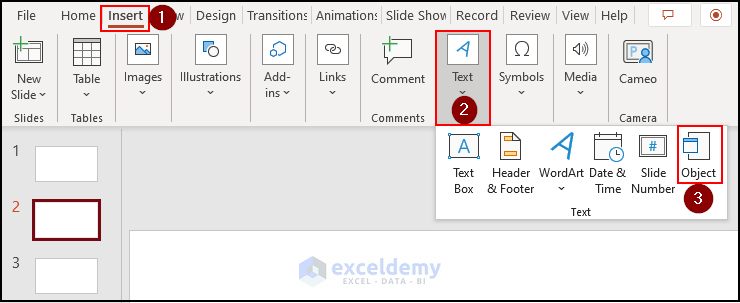 selecting object option under text section to show how to link excel sheets to powerpoint