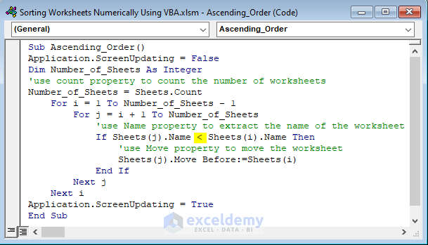 Code to Sort Worksheets Numerically in Ascending Order Using different Worksheet Properties and For Loop