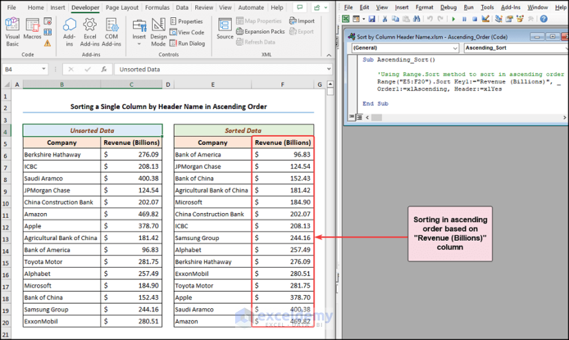 Sorting data in ascending order by column header name using Excel VBA