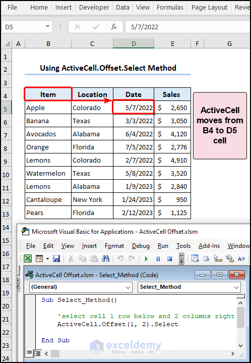 Using Excel VBA ActiveCell Offset Select method to move from B4 cell to D5 cell