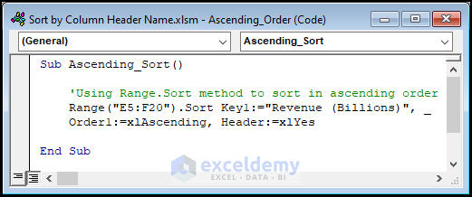 VBA code to sort data in ascending order by column header name
