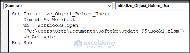 VBA code without set the object