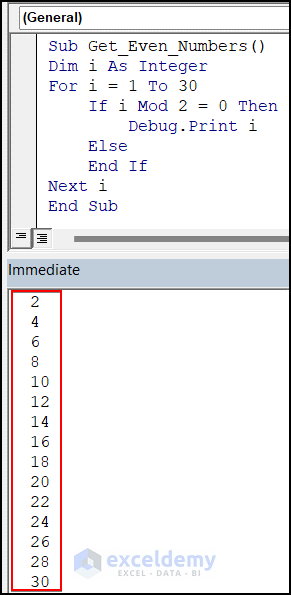Output of VBA code to get Even Numbers