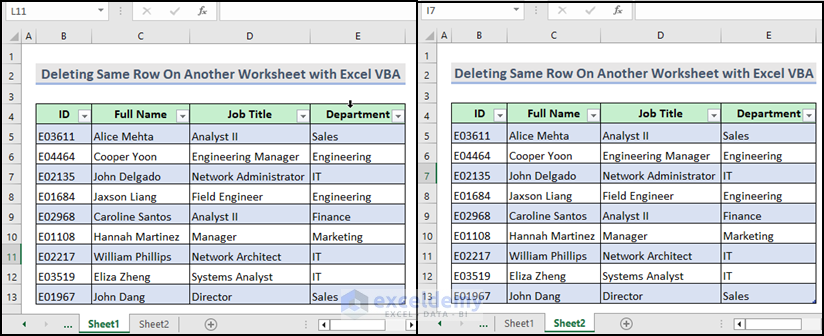 final output image of VBA code to delete Same Row on Another Sheet