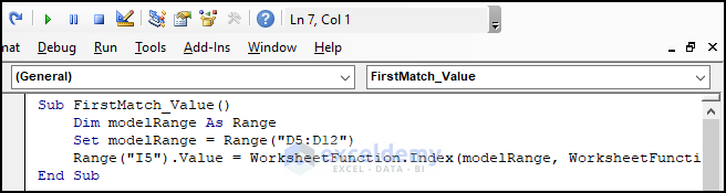 Code for  Finding First Matching Value in Column