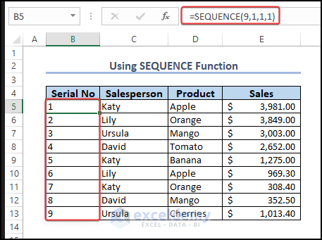 use of the sequence function to get the serial number array