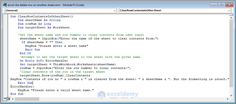 Code Image of Delete Only Contents of a Row But Keep Formatting
