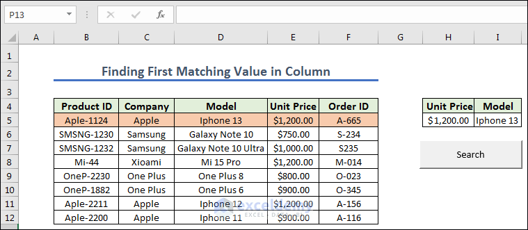 Showing The final result of Finding First Matching Value in Column