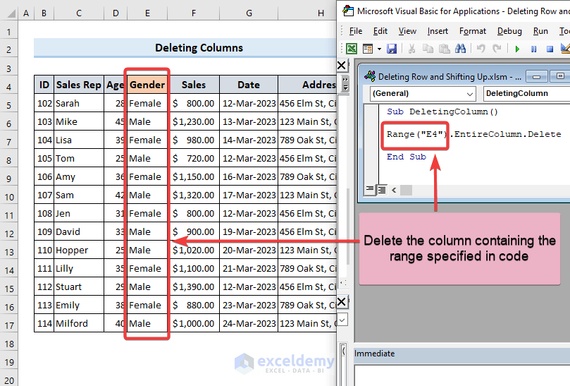 Specify cell range for deleting columns from dataset