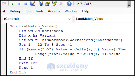 Code for Finding Last Matching Value in Column 