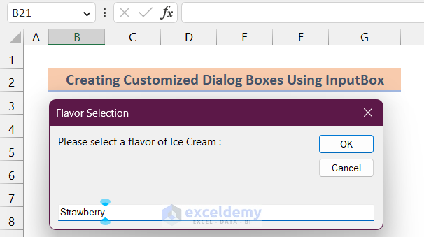 A InputBox asking for selecting a Flavor of Ice cream