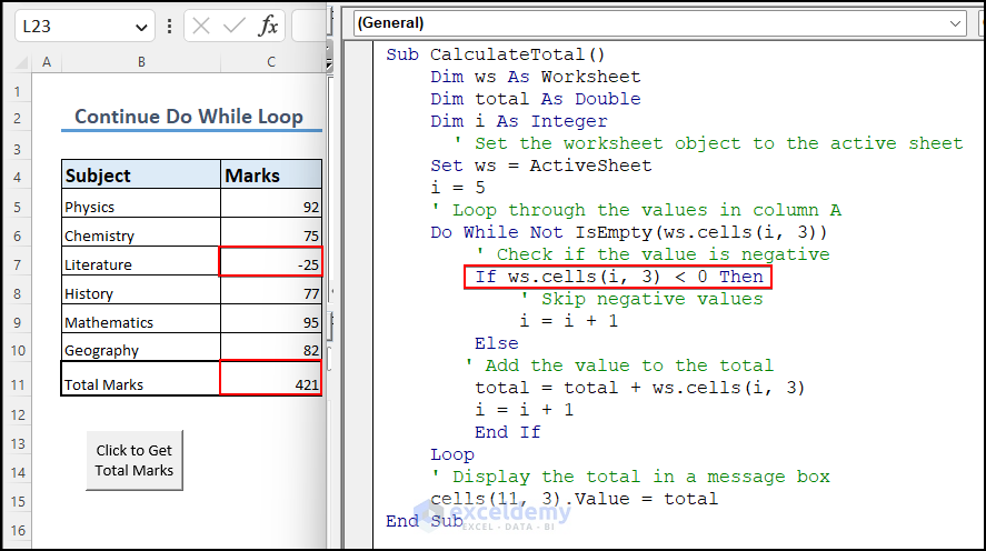Final output of Calculating total marks using continue Do while loop