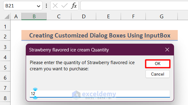 A InputBox asking for the number of quantities of the specific flavored ice cream