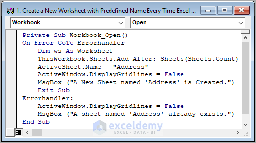 VBA Code Image of Creating New Worksheet with Predefined Name using Workbook Open event