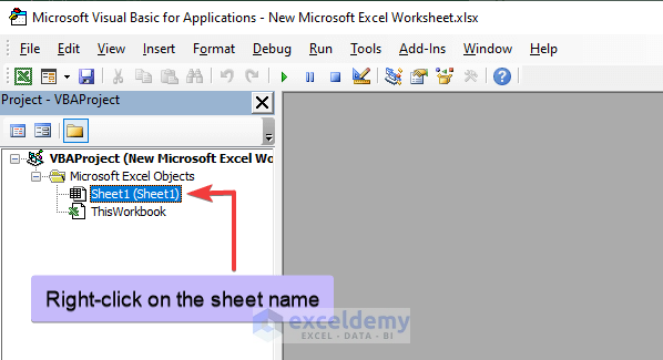 Right-click on the sheet name to activate code window