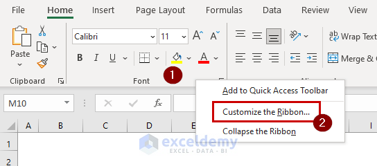 Right-clicking anywhere on the Tab section to find Customize the Ribbon