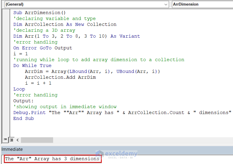 Using ubound on multidimensional array to Show Array Dimension in VBA Window