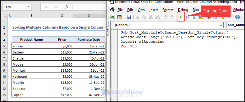 Sorting Multiple Columns of a Range Based on a Single Column in ascending order using VBA in Excel