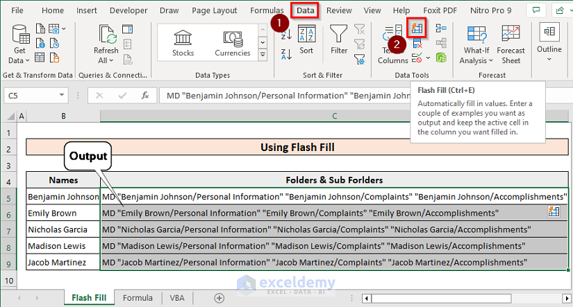 Using Flash Fill Feature to Add MD Before Folder Names
