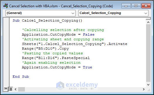 Excel VBA code to cancel selection while copying