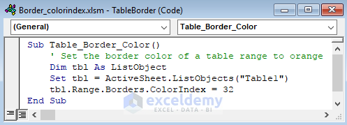 VBA code to Set a Border Color to a Table Range Using ColorIndex