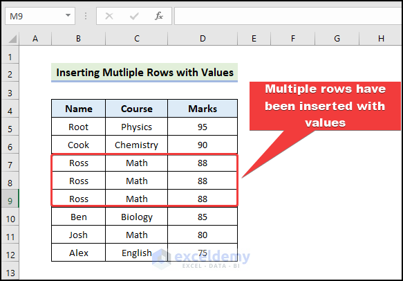 adding multiple rows with values in Excel