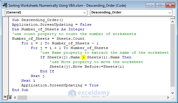 Code to Sort Worksheets Numerically in descending Order Using different Worksheet Properties and For Loop