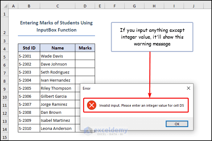msgbox showing warning message for entering invalid input
