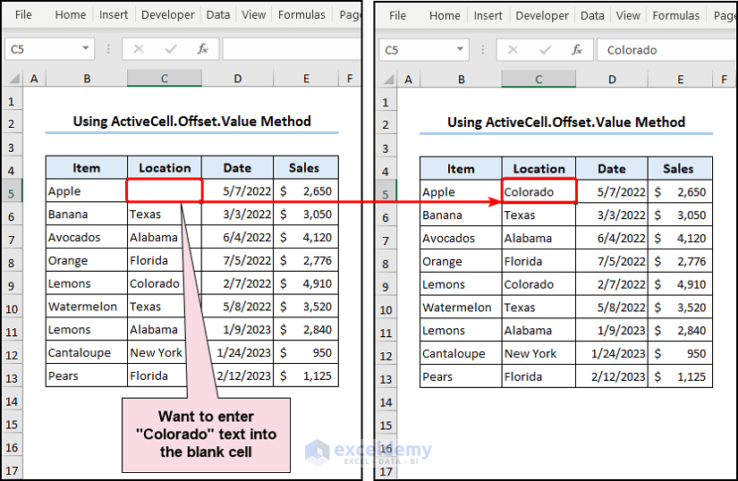 Using ActiveCell Offset Value method to enter value in the blank C5 cell