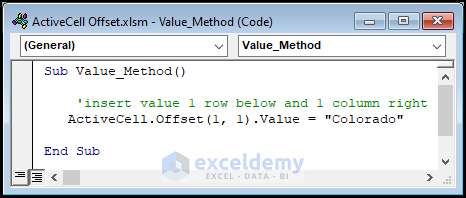  VBA code for ActiveCell Offset Value method