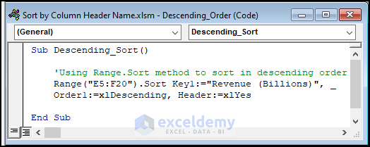 VBA code for sorting data in descending order by column header name in Excel