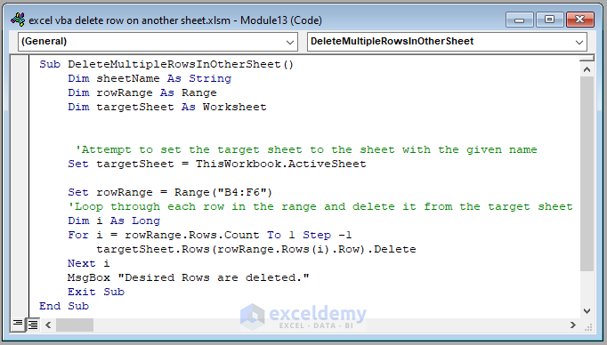 Code Image of How to Delete Rows in a Range with Excel VBA
