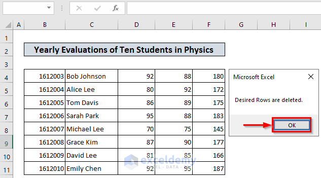 Output of How to Delete Rows in a Range with Excel VBA