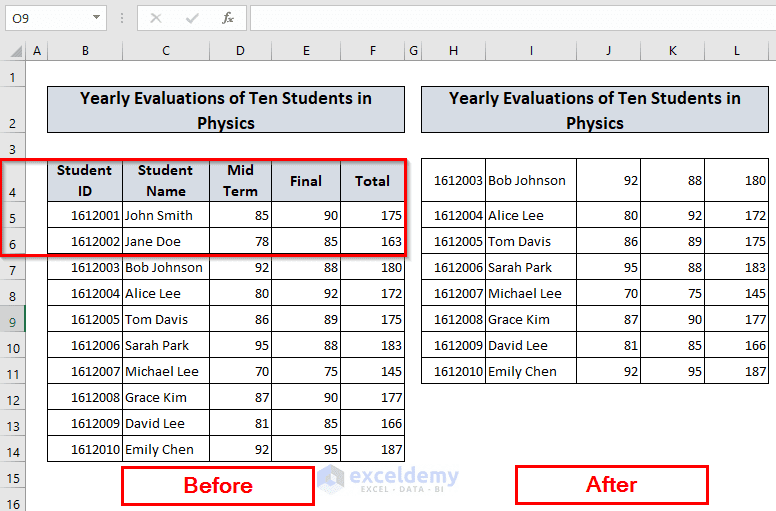 Before-After Scenario of How to Delete Rows in a Range with Excel VBA