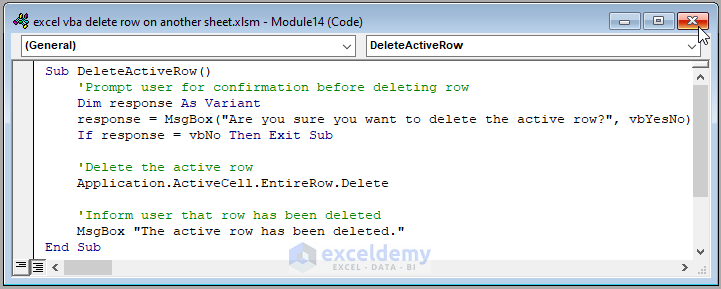 Code Image of How to Delete Active Row with Excel VBA