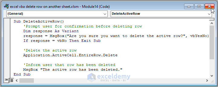 Code Image of How to Delete Active Row with Excel VBA