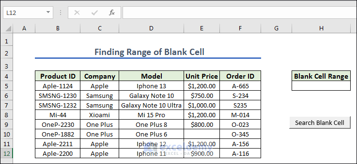 Looking for Blank Cell and giving button Search Blank Cell