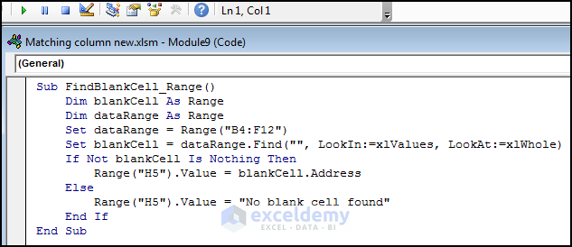 Code for finding  Blank cell