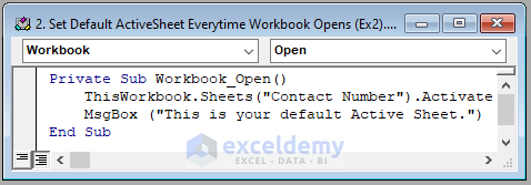VBA Code Image of Setting Default ActiveSheet using Workbook Open Event